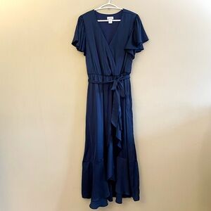 Nicole Miller Royal Navy Satin Flutter Wrap Midi Dress Ruffle Hem – Size XL EUC